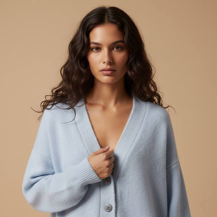 Bebe Mavisi Oversize V Yaka Lüks Düğmeli Salaş Premium Örgü Peluş Dokulu Hırka