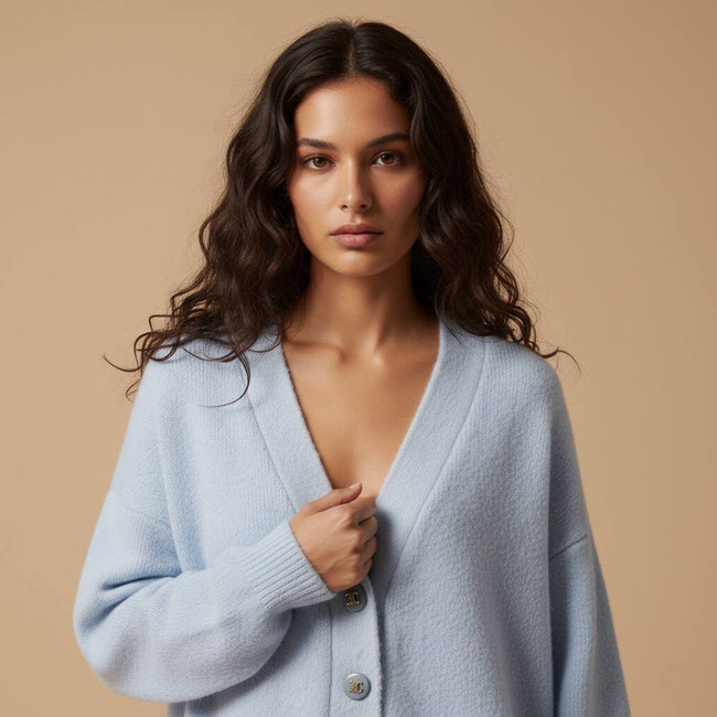 Bebe Mavisi Oversize V Yaka Lüks Düğmeli Salaş Premium Örgü Peluş Dokulu Hırka