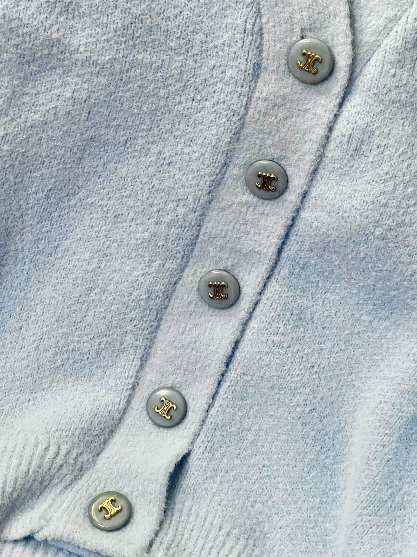 Bebe Mavisi Oversize V Yaka Lüks Düğmeli Salaş Premium Örgü Peluş Dokulu Hırka