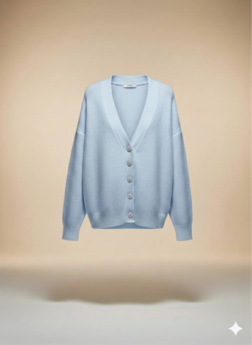 Bebe Mavisi Oversize V Yaka Lüks Düğmeli Salaş Premium Örgü Peluş Dokulu Hırka