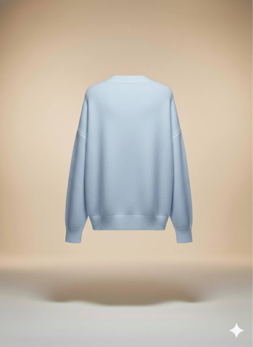 Bebe Mavisi Oversize V Yaka Lüks Düğmeli Salaş Premium Örgü Peluş Dokulu Hırka