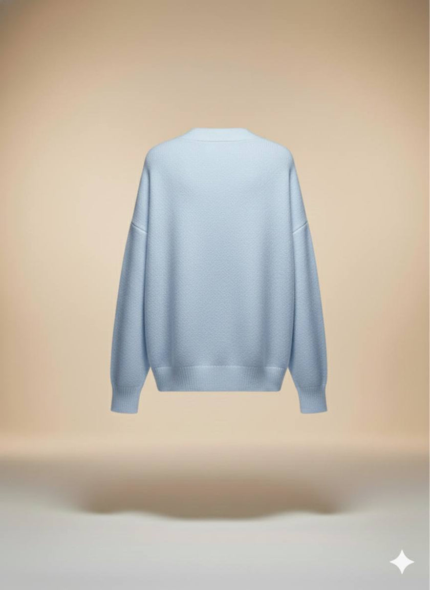 Bebe Mavisi Oversize V Yaka Lüks Düğmeli Salaş Premium Örgü Peluş Dokulu Hırka