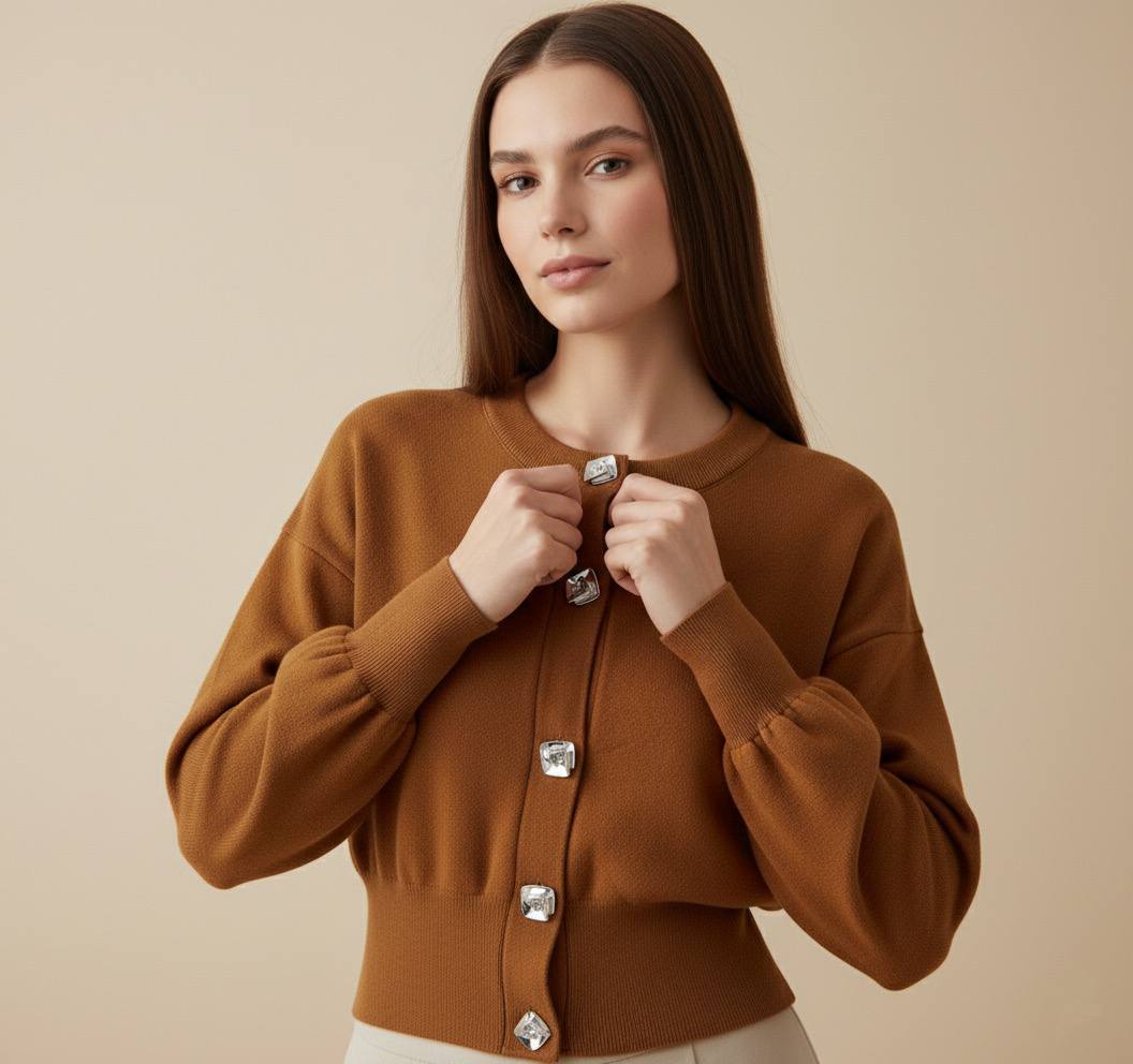 Taba Rengi Kroşe Kesim Balon Kol Gümüş Metal Düğme Detaylı Yumuşacık Triko Hırka