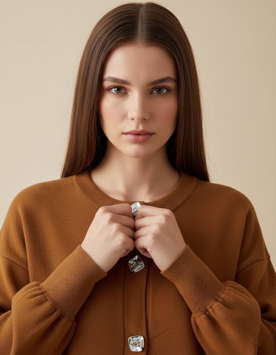 Taba Rengi Kroşe Kesim Balon Kol Gümüş Metal Düğme Detaylı Yumuşacık Triko Hırka