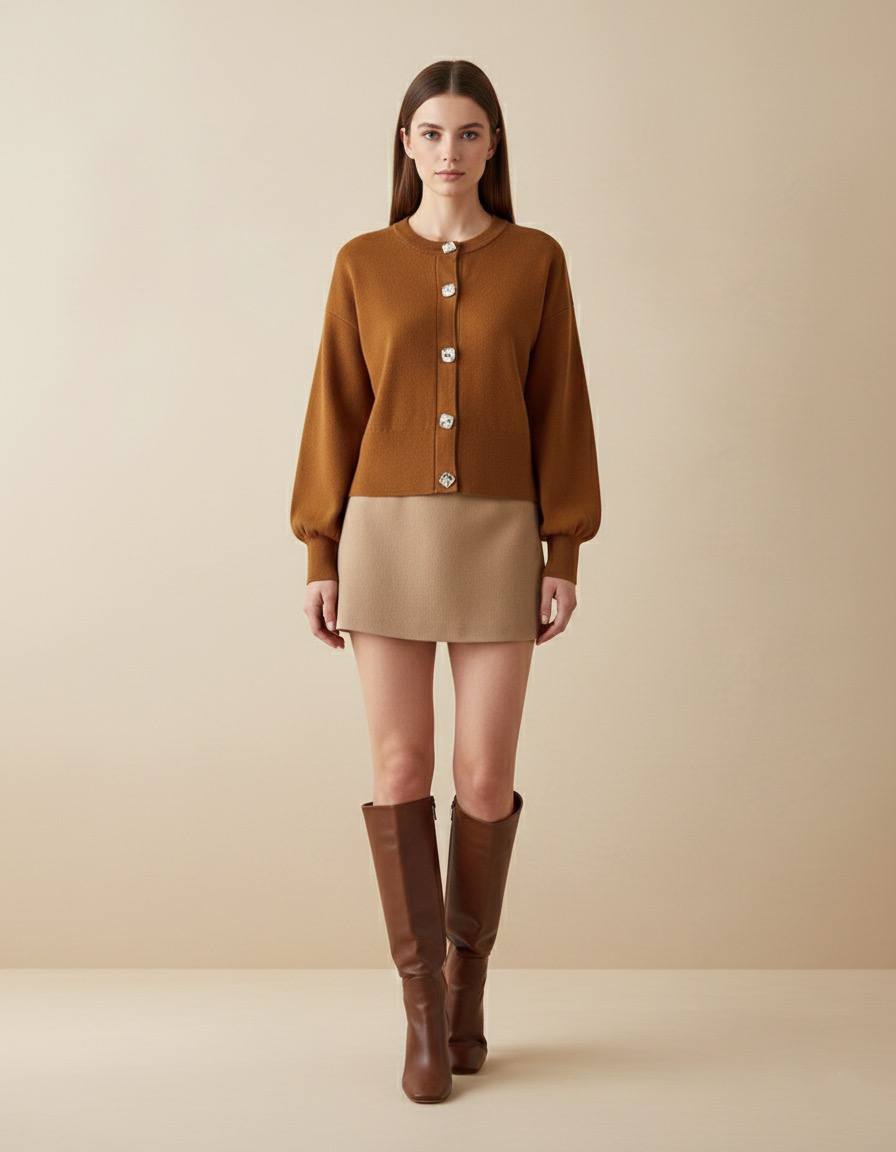 Taba Rengi Kroşe Kesim Balon Kol Gümüş Metal Düğme Detaylı Yumuşacık Triko Hırka