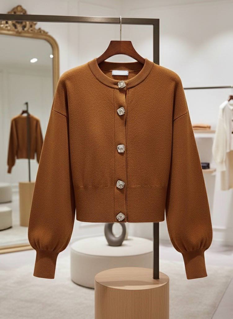 Taba Rengi Kroşe Kesim Balon Kol Gümüş Metal Düğme Detaylı Yumuşacık Triko Hırka