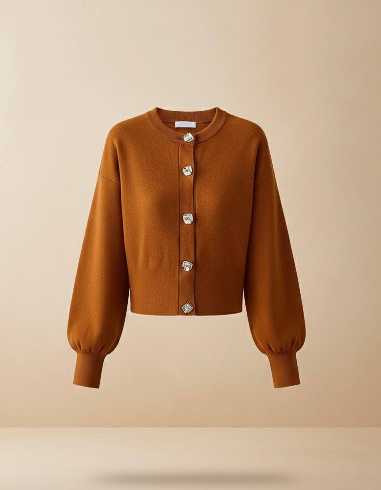 Taba Rengi Kroşe Kesim Balon Kol Gümüş Metal Düğme Detaylı Yumuşacık Triko Hırka