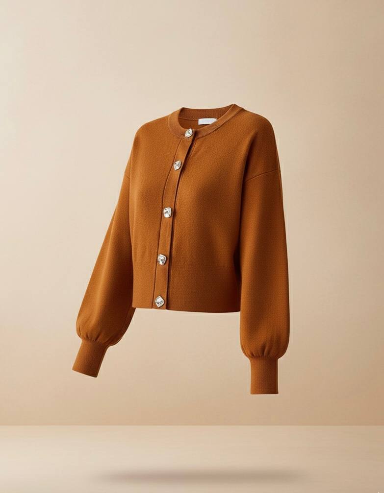 Taba Rengi Kroşe Kesim Balon Kol Gümüş Metal Düğme Detaylı Yumuşacık Triko Hırka