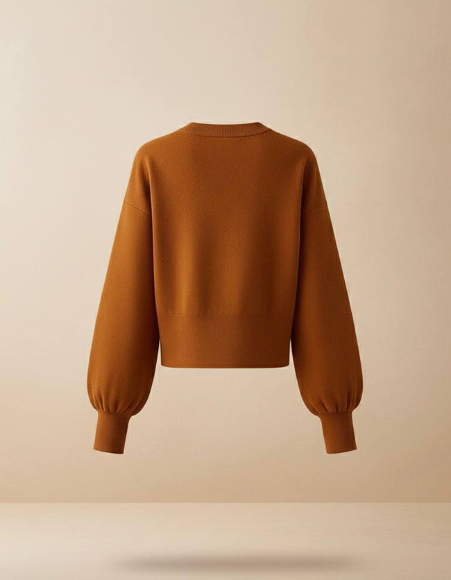 Taba Rengi Kroşe Kesim Balon Kol Gümüş Metal Düğme Detaylı Yumuşacık Triko Hırka