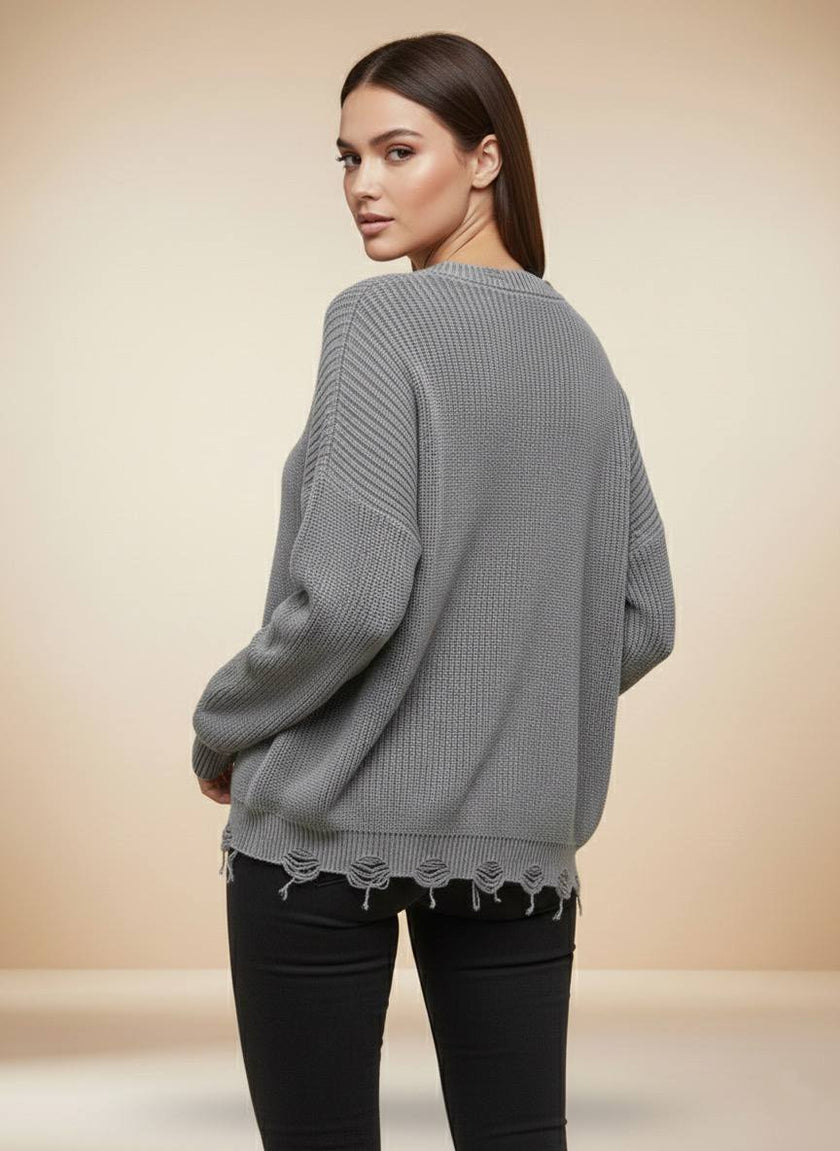 Antrasit Oversize Bisiklet Yaka Eskitme ve Yırtık Görünüm Detaylı Triko Kazak