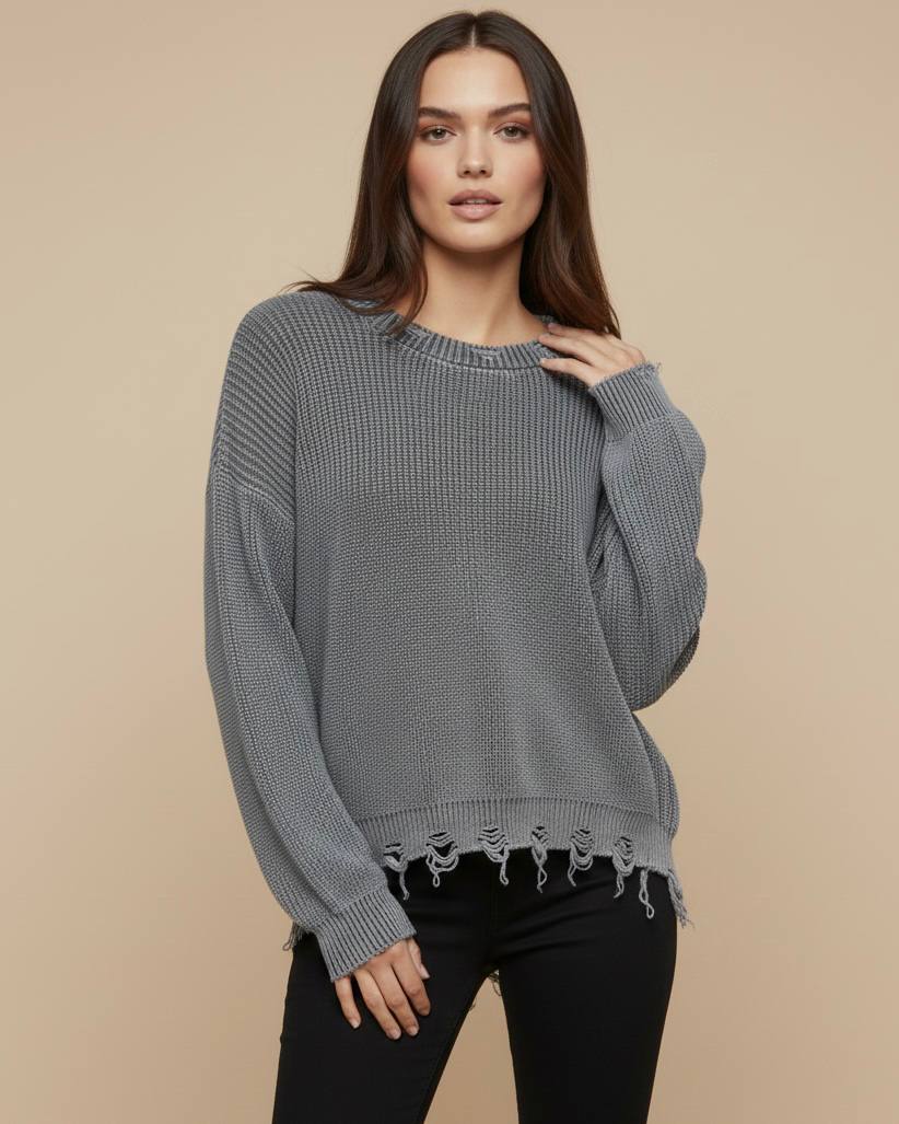 Antrasit Oversize Bisiklet Yaka Eskitme ve Yırtık Görünüm Detaylı Triko Kazak