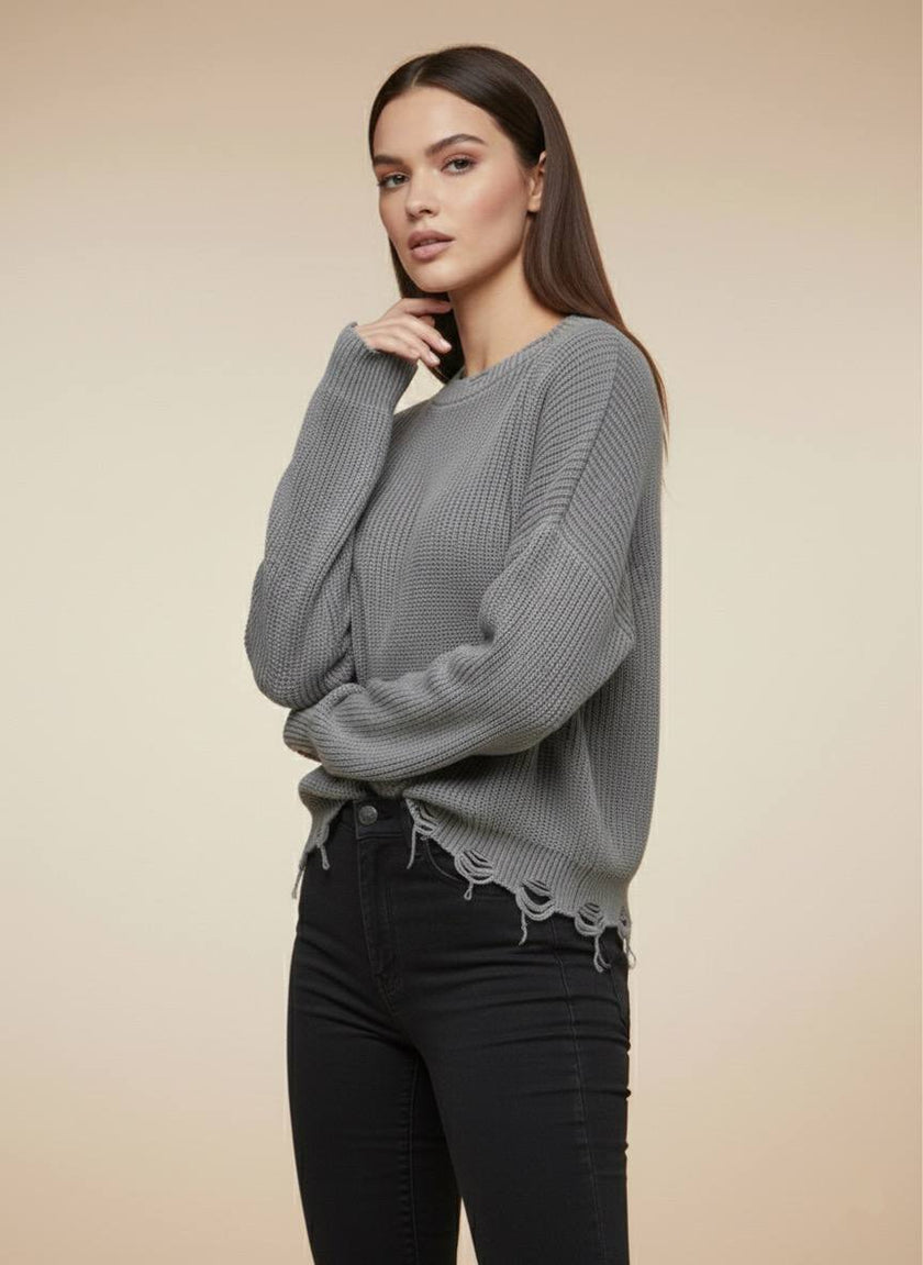 Antrasit Oversize Bisiklet Yaka Eskitme ve Yırtık Görünüm Detaylı Triko Kazak