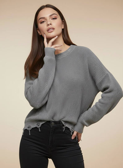 Antrasit Oversize Bisiklet Yaka Eskitme ve Yırtık Görünüm Detaylı Triko Kazak