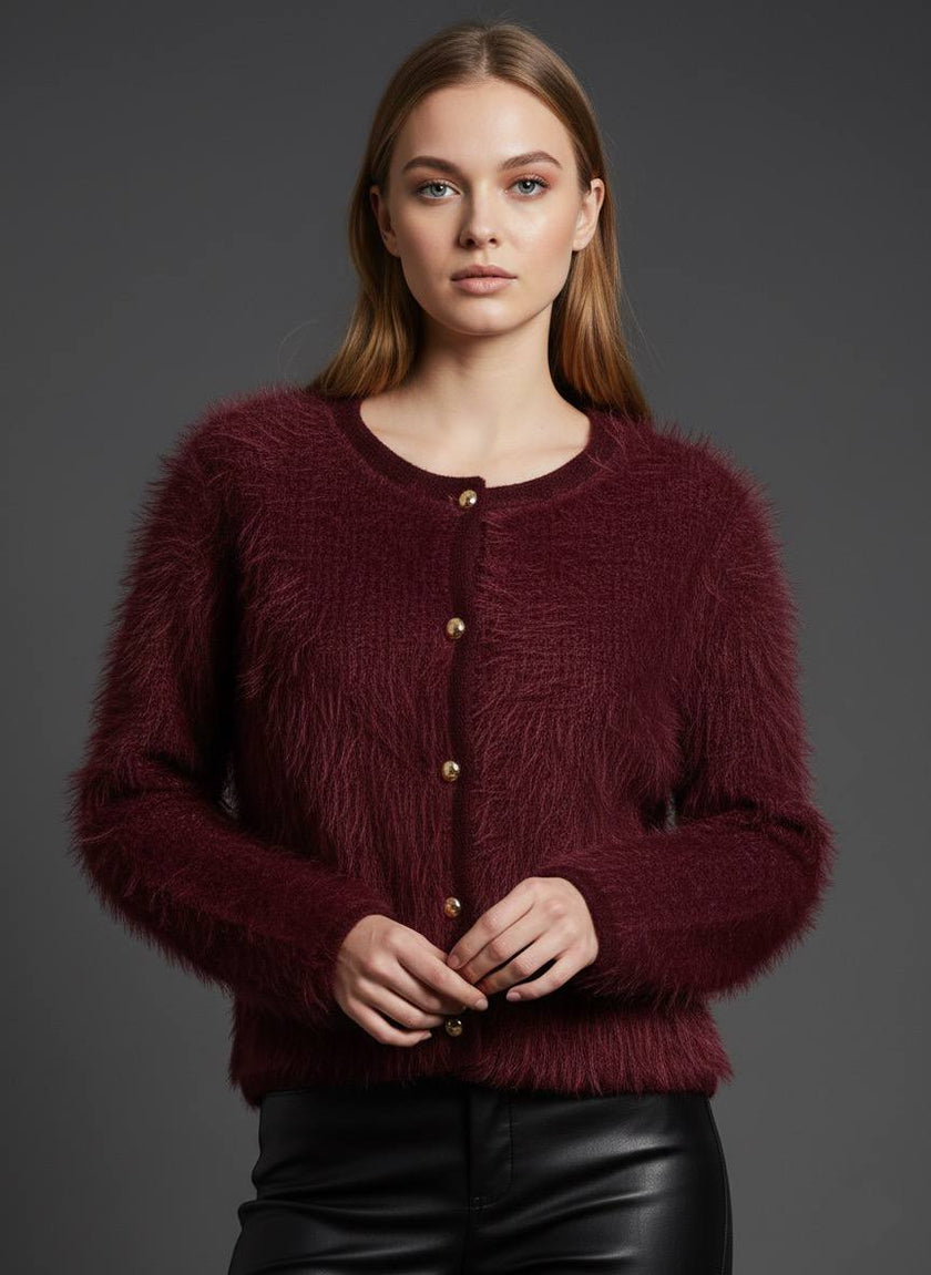 Tüylü Doku V Yaka Gold Düğmeli Örme Triko Hırka