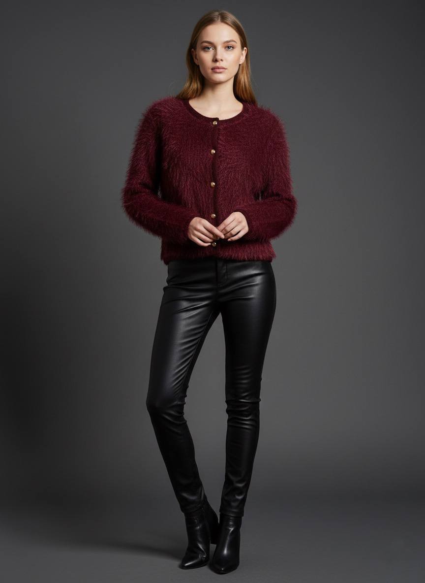 Tüylü Doku V Yaka Gold Düğmeli Örme Triko Hırka