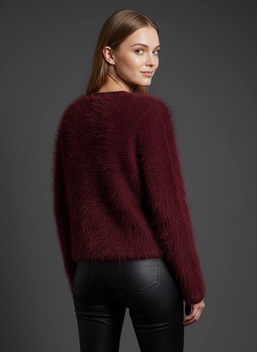 Tüylü Doku V Yaka Gold Düğmeli Örme Triko Hırka