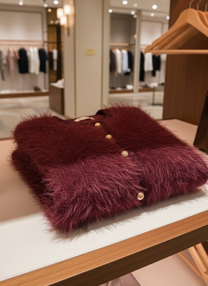 Tüylü Doku V Yaka Gold Düğmeli Örme Triko Hırka