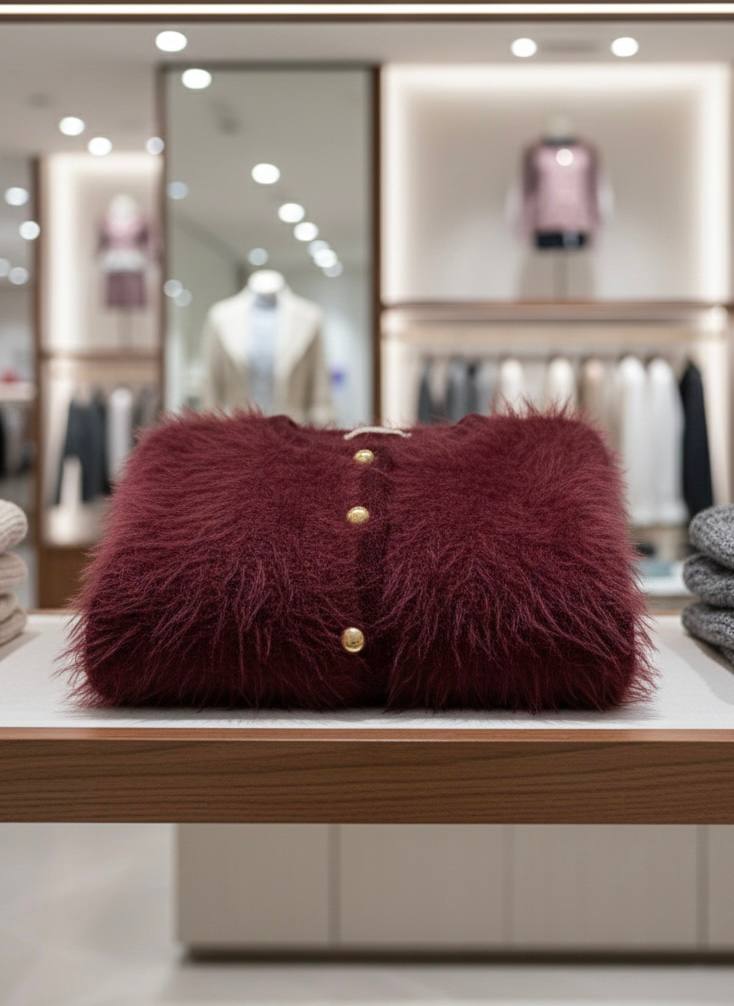 Tüylü Doku V Yaka Gold Düğmeli Örme Triko Hırka