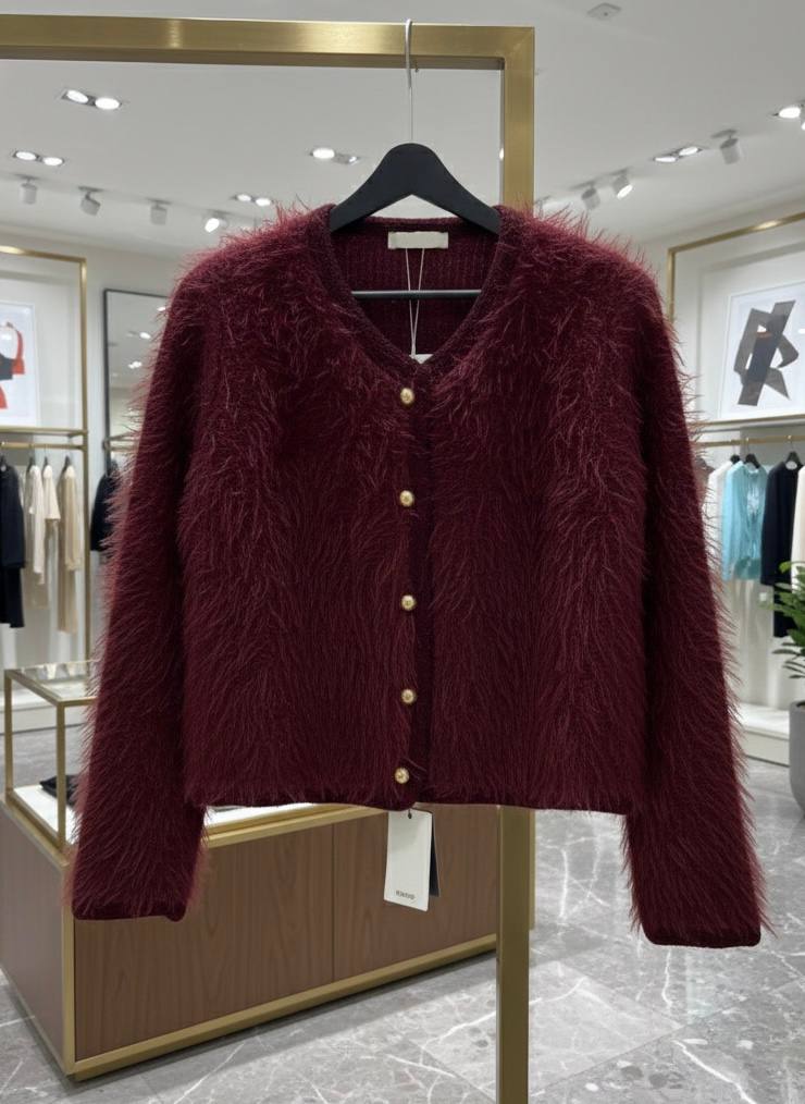 Tüylü Doku V Yaka Gold Düğmeli Örme Triko Hırka