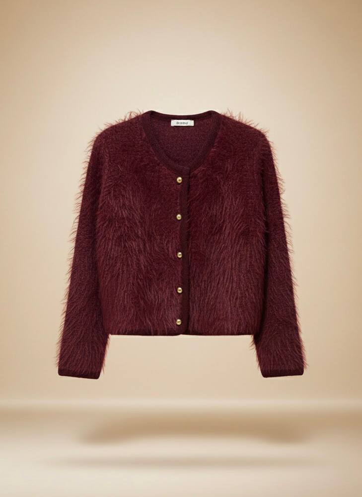 Tüylü Doku V Yaka Gold Düğmeli Örme Triko Hırka