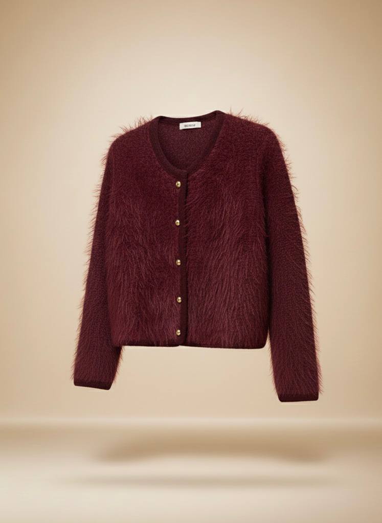 Tüylü Doku V Yaka Gold Düğmeli Örme Triko Hırka