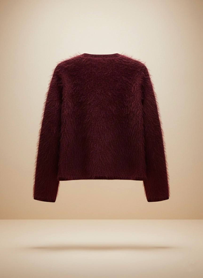 Tüylü Doku V Yaka Gold Düğmeli Örme Triko Hırka