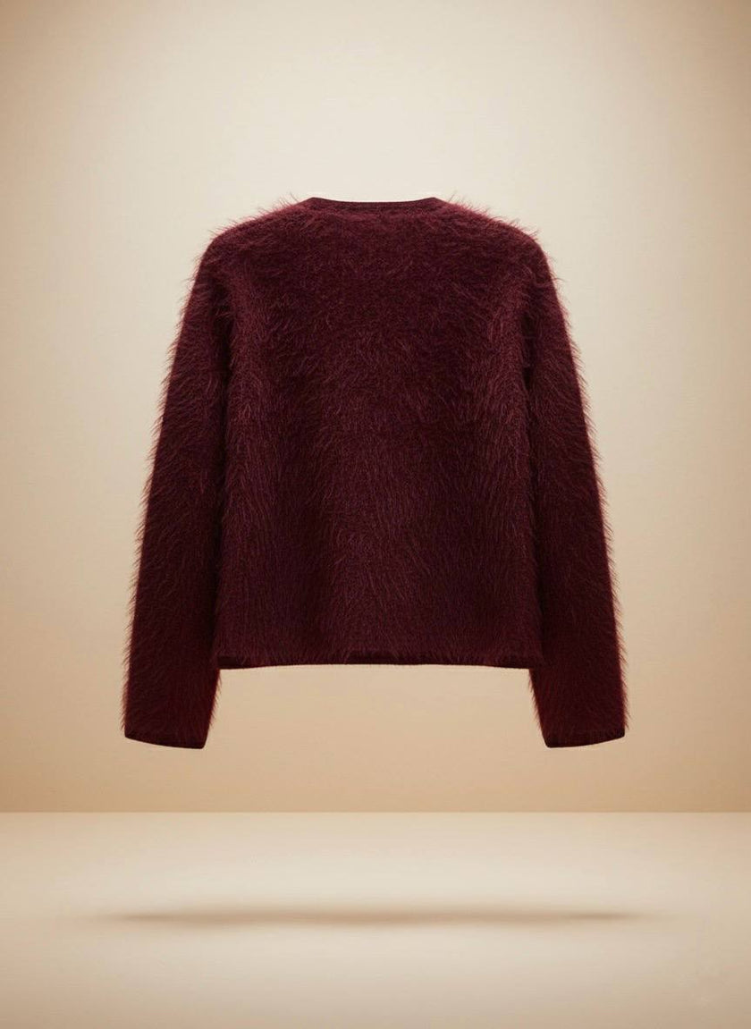 Tüylü Doku V Yaka Gold Düğmeli Örme Triko Hırka