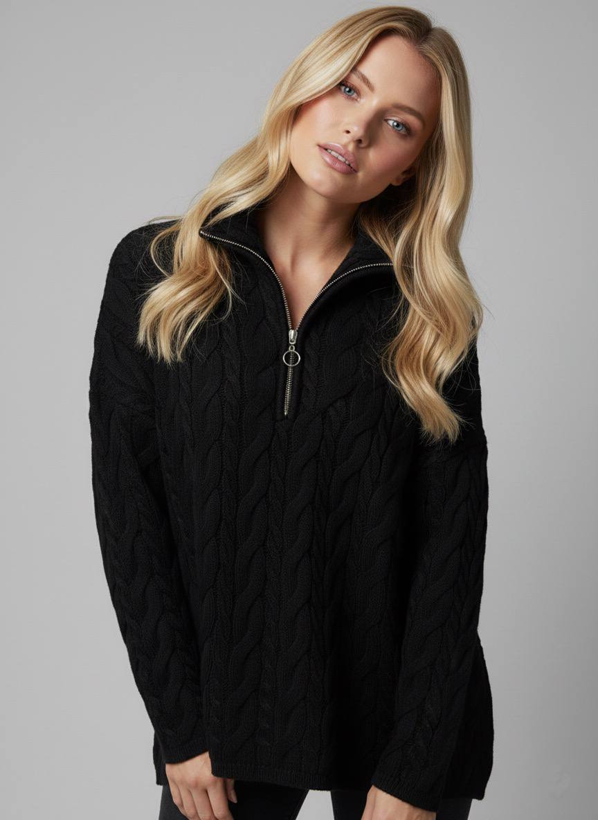 Pinterest Tarzı Gri V Yaka Polo Yaka Saç Örgü Oversize Triko Kazak