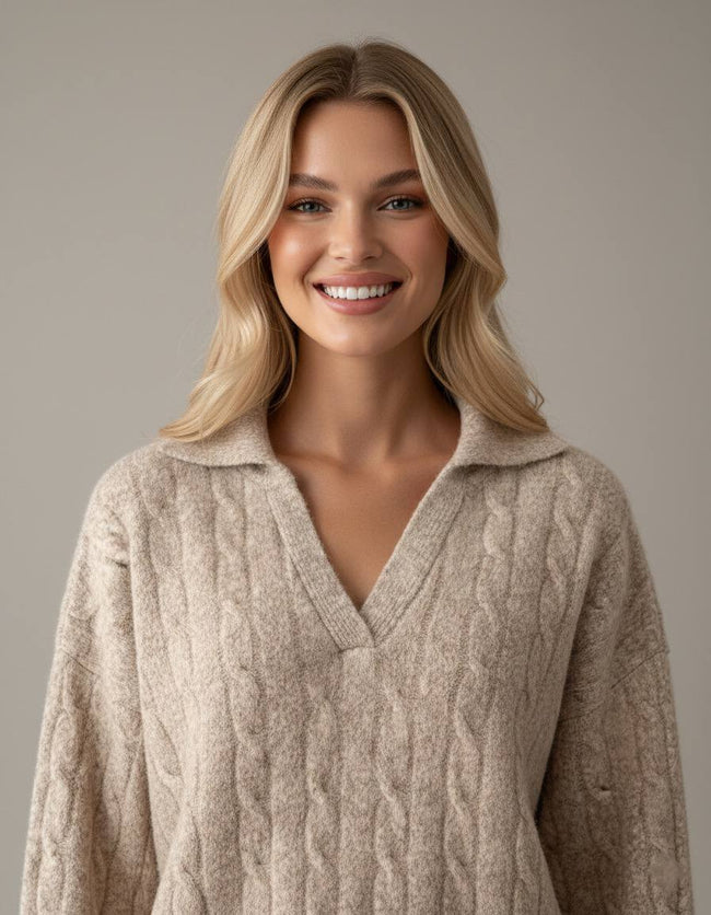 Pinterest Tarzı Bej V Yaka Polo Yaka Saç Örgü Oversize Triko Kazak