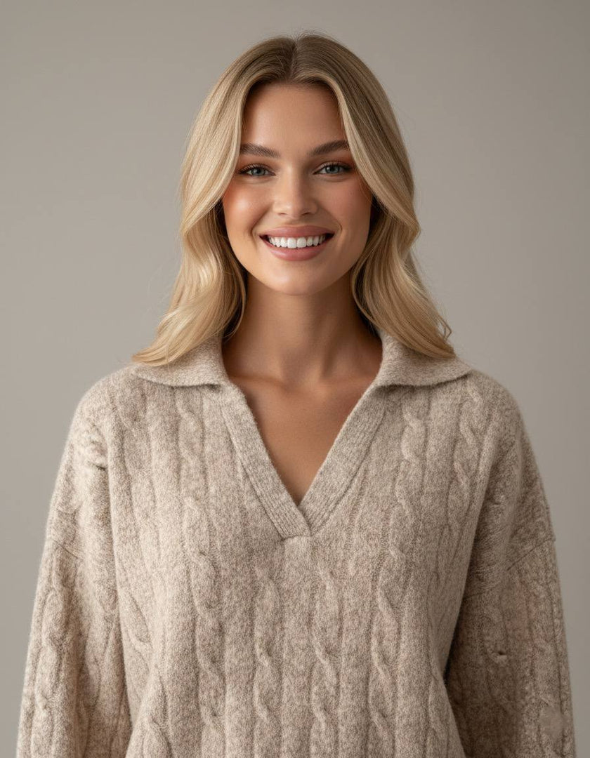 Pinterest Tarzı Bej V Yaka Polo Yaka Saç Örgü Oversize Triko Kazak