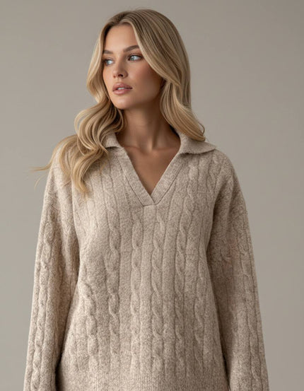 Pinterest Tarzı Bej V Yaka Polo Yaka Saç Örgü Oversize Triko Kazak