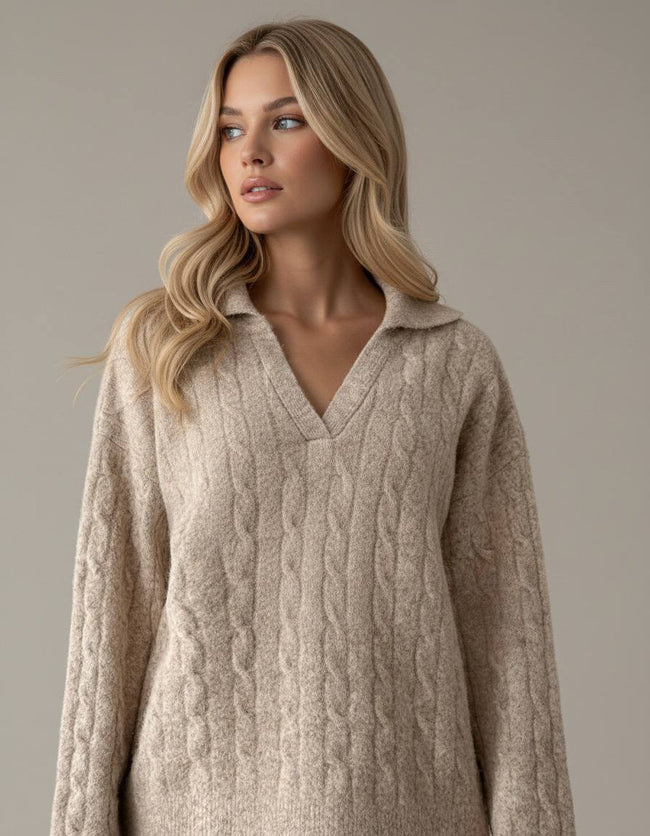 Pinterest Tarzı Bej V Yaka Polo Yaka Saç Örgü Oversize Triko Kazak