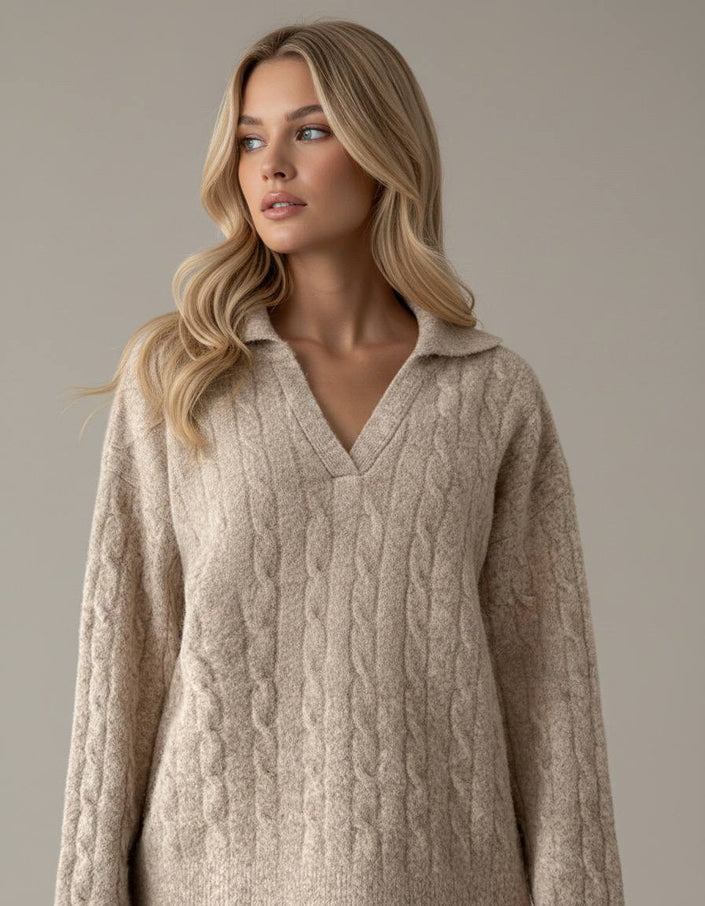 Pinterest Tarzı Bej V Yaka Polo Yaka Saç Örgü Oversize Triko Kazak