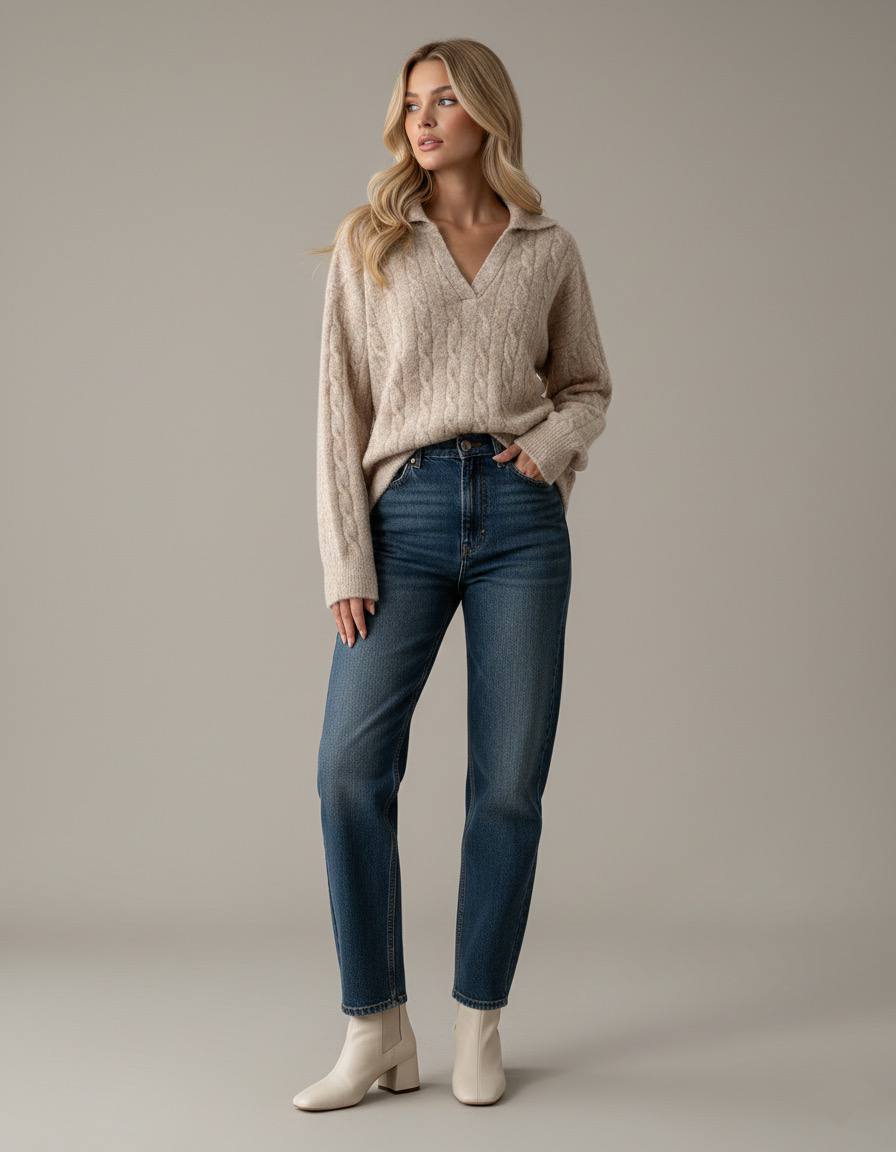 Pinterest Tarzı Bej V Yaka Polo Yaka Saç Örgü Oversize Triko Kazak