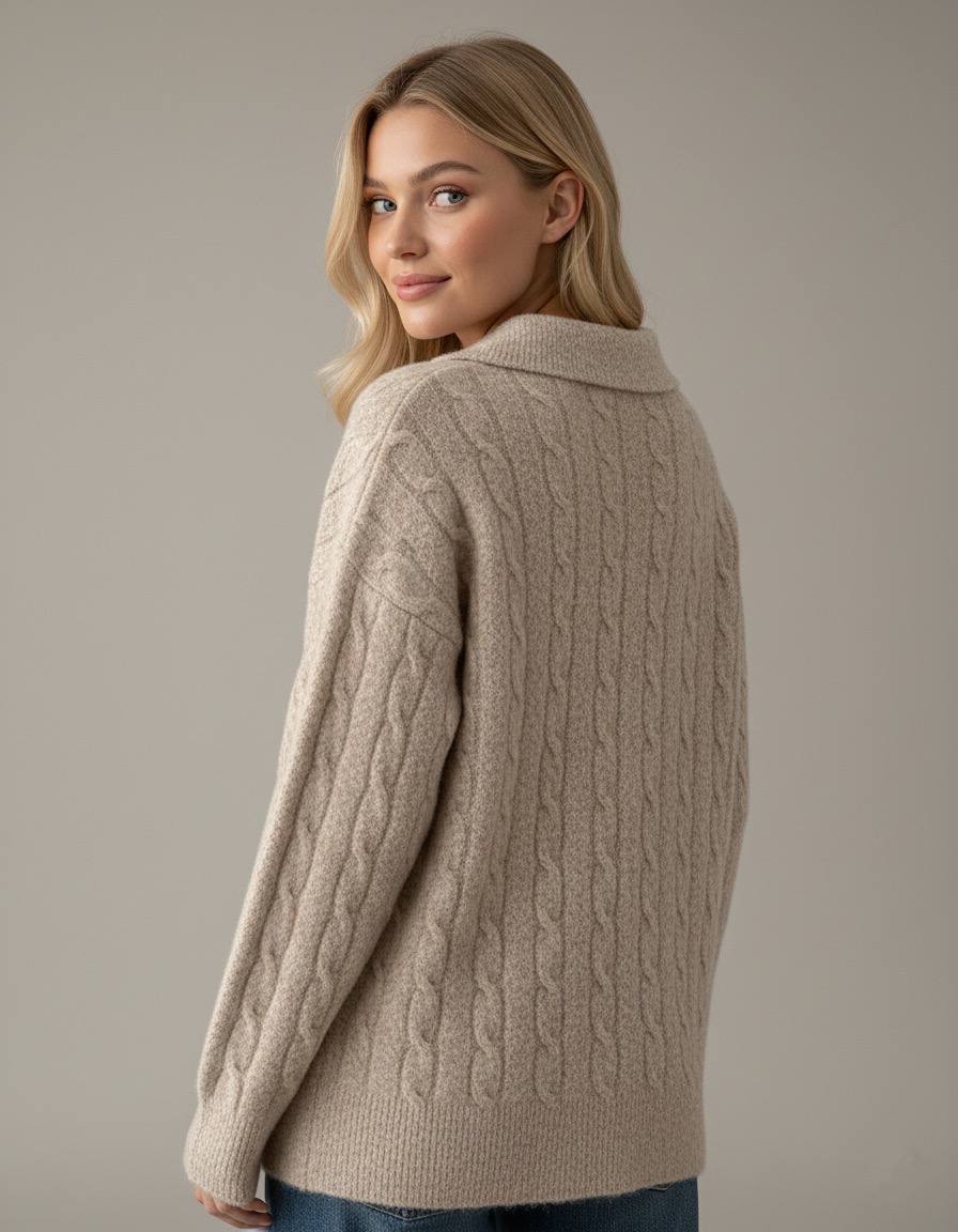 Pinterest Tarzı Bej V Yaka Polo Yaka Saç Örgü Oversize Triko Kazak