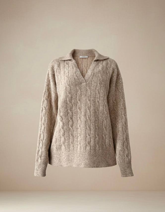 Pinterest Tarzı Bej V Yaka Polo Yaka Saç Örgü Oversize Triko Kazak