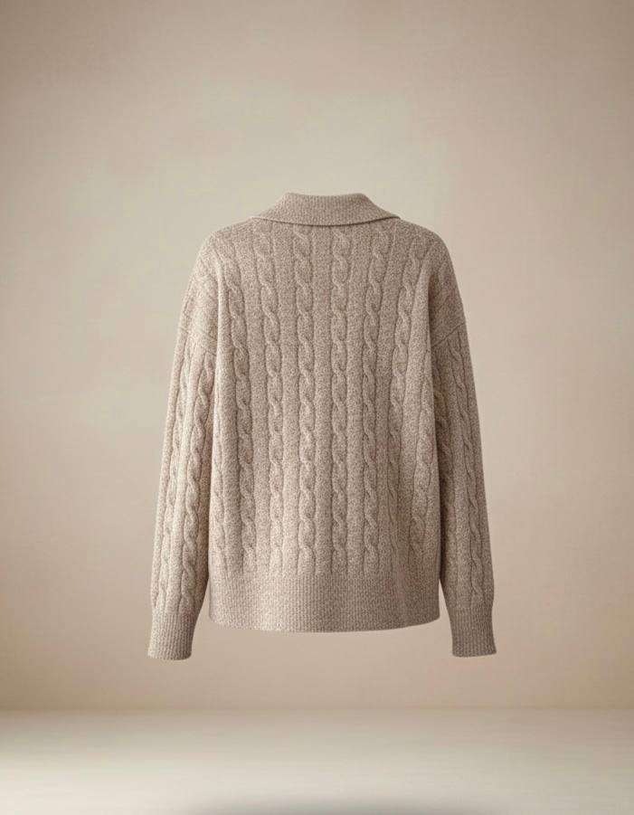 Pinterest Tarzı Bej V Yaka Polo Yaka Saç Örgü Oversize Triko Kazak