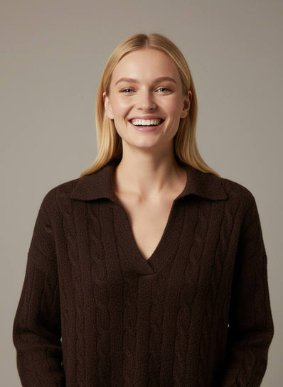 Pinterest Tarzı Kahverengi V Yaka Polo Yaka Saç Örgü Oversize Triko Kazak