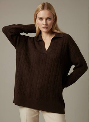 Pinterest Tarzı Kahverengi V Yaka Polo Yaka Saç Örgü Oversize Triko Kazak