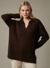 Pinterest Tarzı Kahverengi V Yaka Polo Yaka Saç Örgü Oversize Triko Kazak