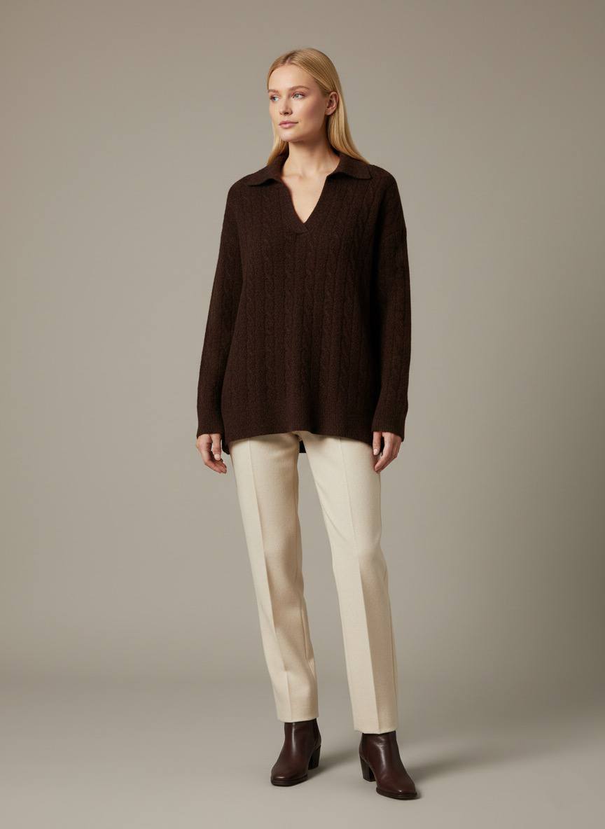 Pinterest Tarzı Kahverengi V Yaka Polo Yaka Saç Örgü Oversize Triko Kazak