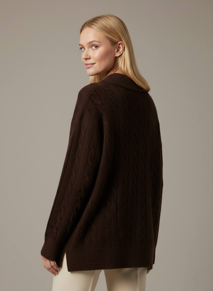 Pinterest Tarzı Kahverengi V Yaka Polo Yaka Saç Örgü Oversize Triko Kazak