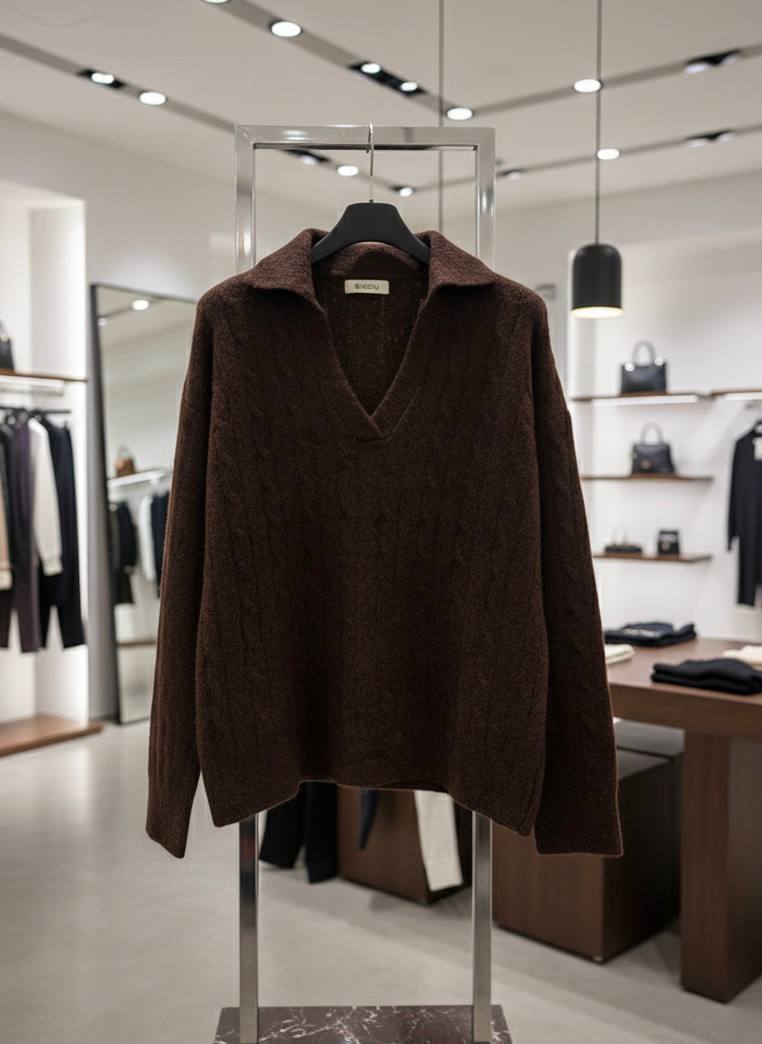 Pinterest Tarzı Kahverengi V Yaka Polo Yaka Saç Örgü Oversize Triko Kazak