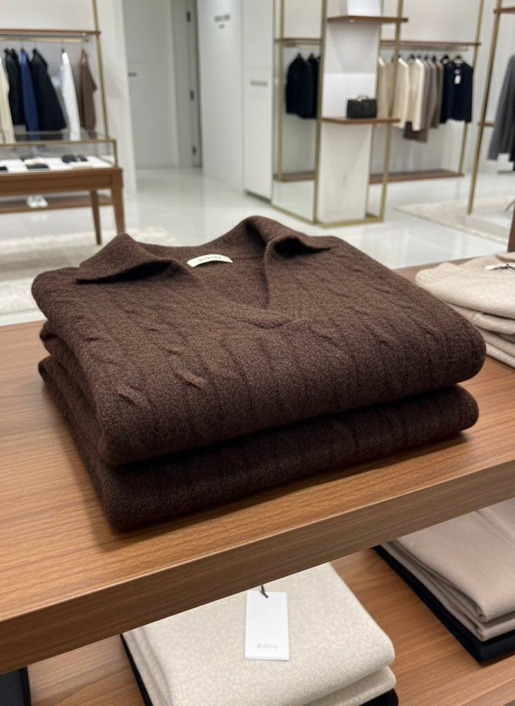 Pinterest Tarzı Kahverengi V Yaka Polo Yaka Saç Örgü Oversize Triko Kazak