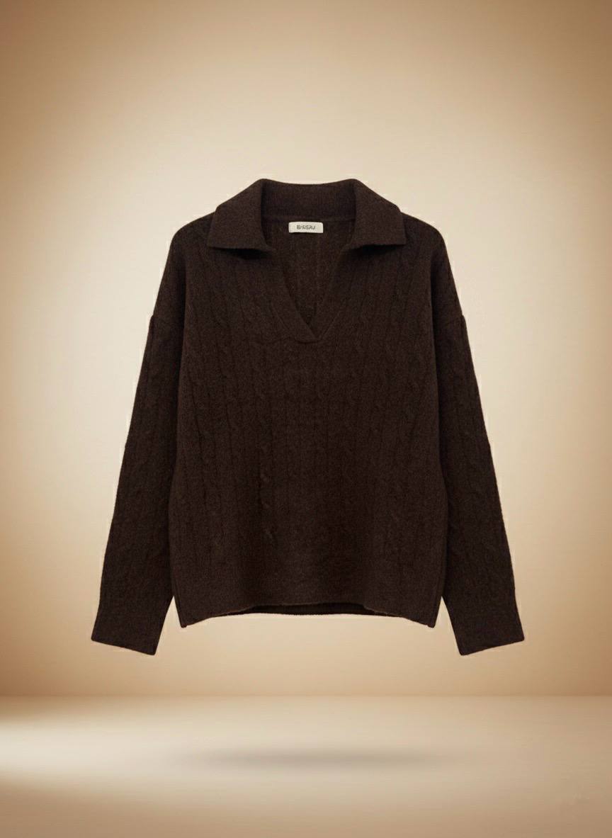 Pinterest Tarzı Kahverengi V Yaka Polo Yaka Saç Örgü Oversize Triko Kazak