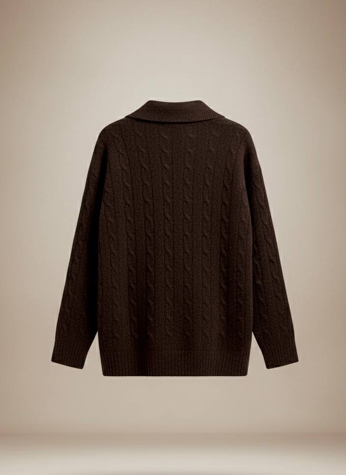 Pinterest Tarzı Kahverengi V Yaka Polo Yaka Saç Örgü Oversize Triko Kazak