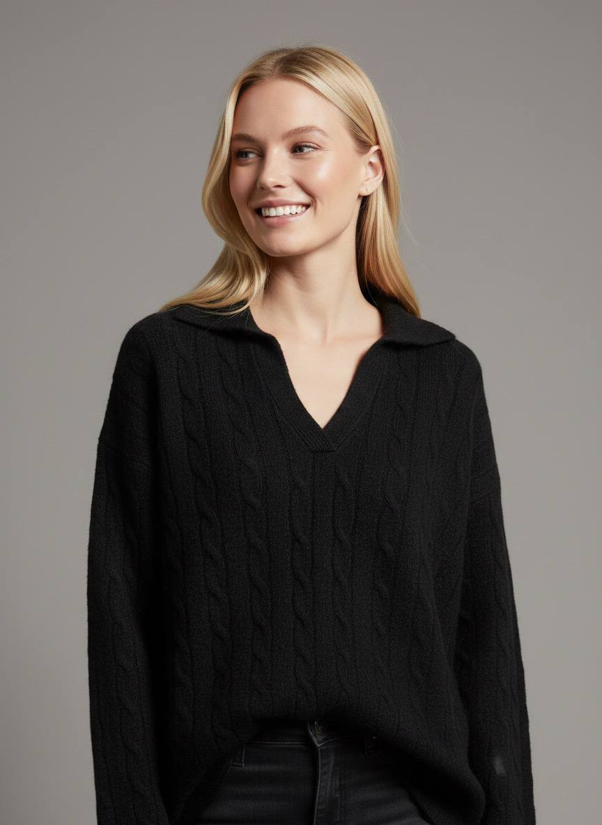 Pinterest Tarzı Siyah V Yaka Polo Yaka Saç Örgü Oversize Triko Kazak