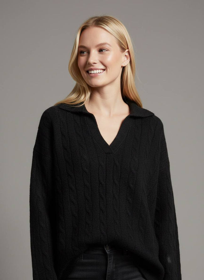 Pinterest Tarzı Siyah V Yaka Polo Yaka Saç Örgü Oversize Triko Kazak