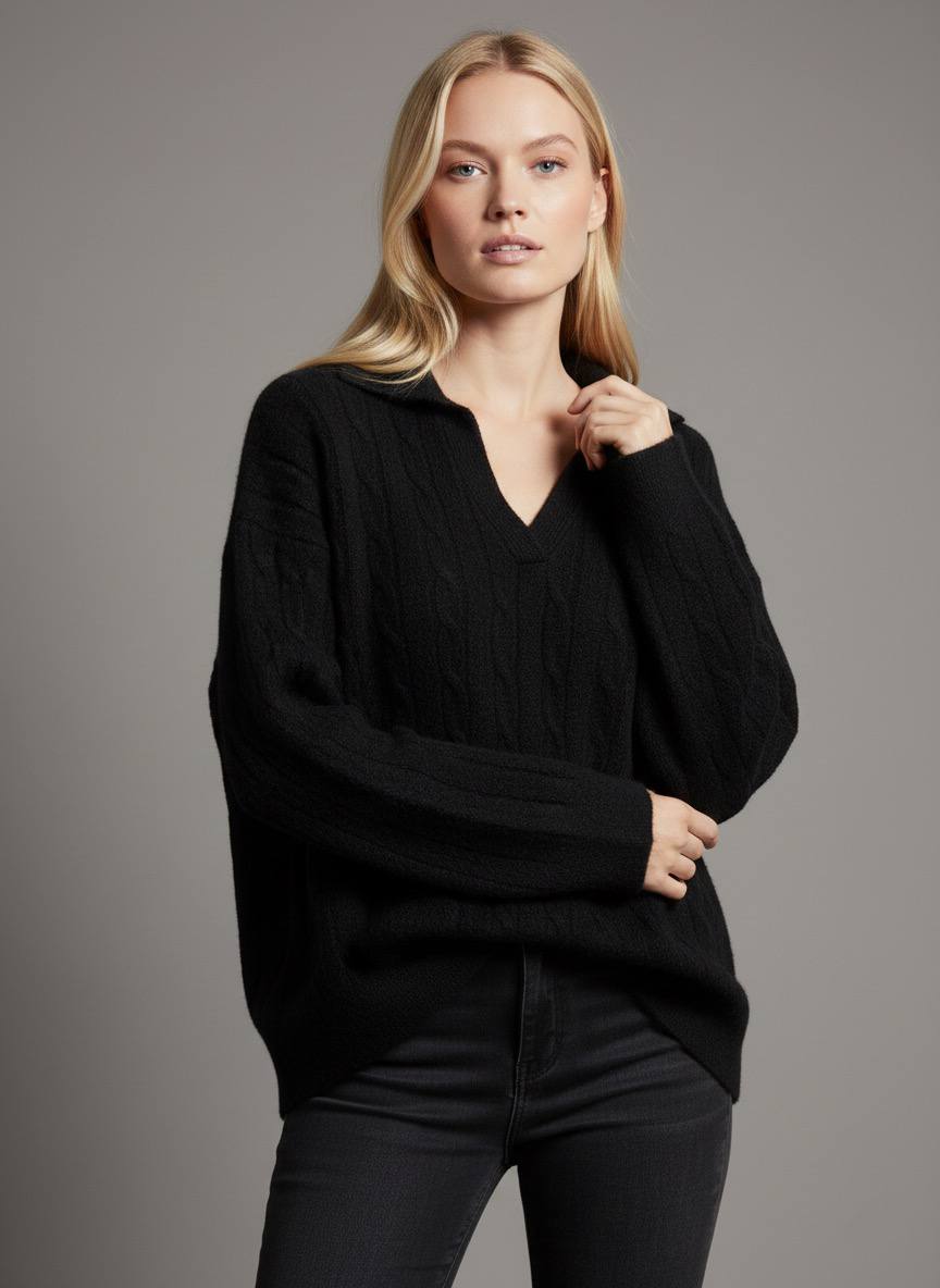 Pinterest Tarzı Siyah V Yaka Polo Yaka Saç Örgü Oversize Triko Kazak