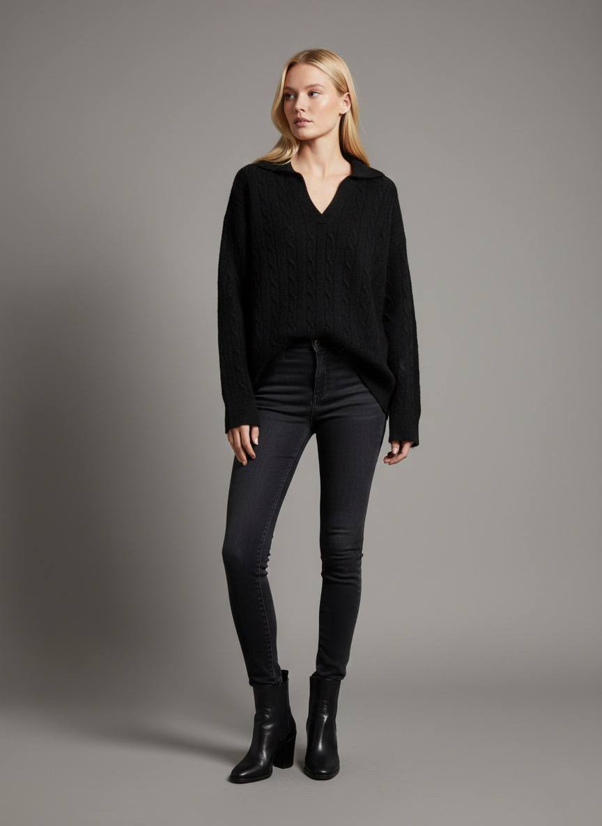 Pinterest Tarzı Siyah V Yaka Polo Yaka Saç Örgü Oversize Triko Kazak